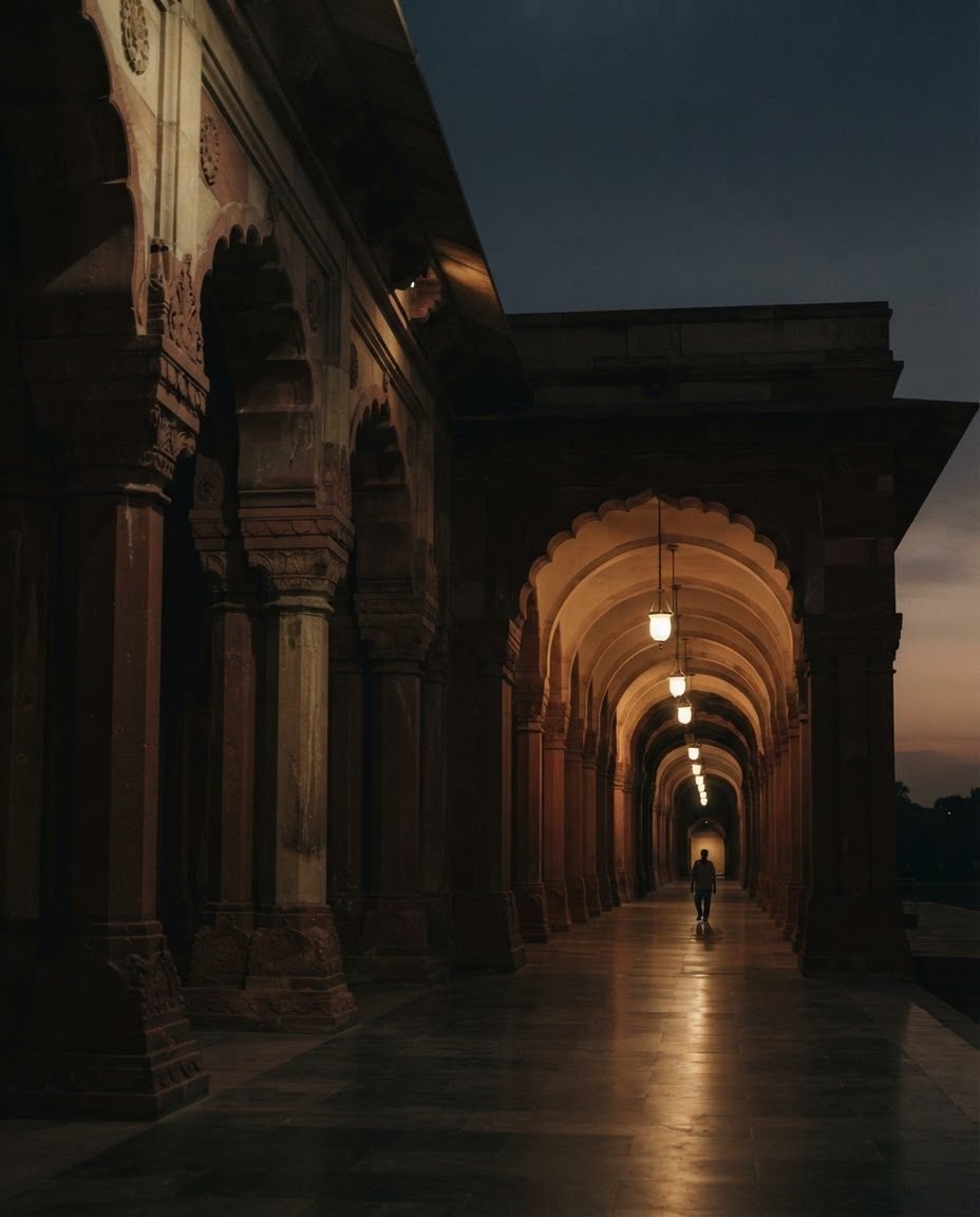 A sandstone colonnade of an Indian public building at dusk